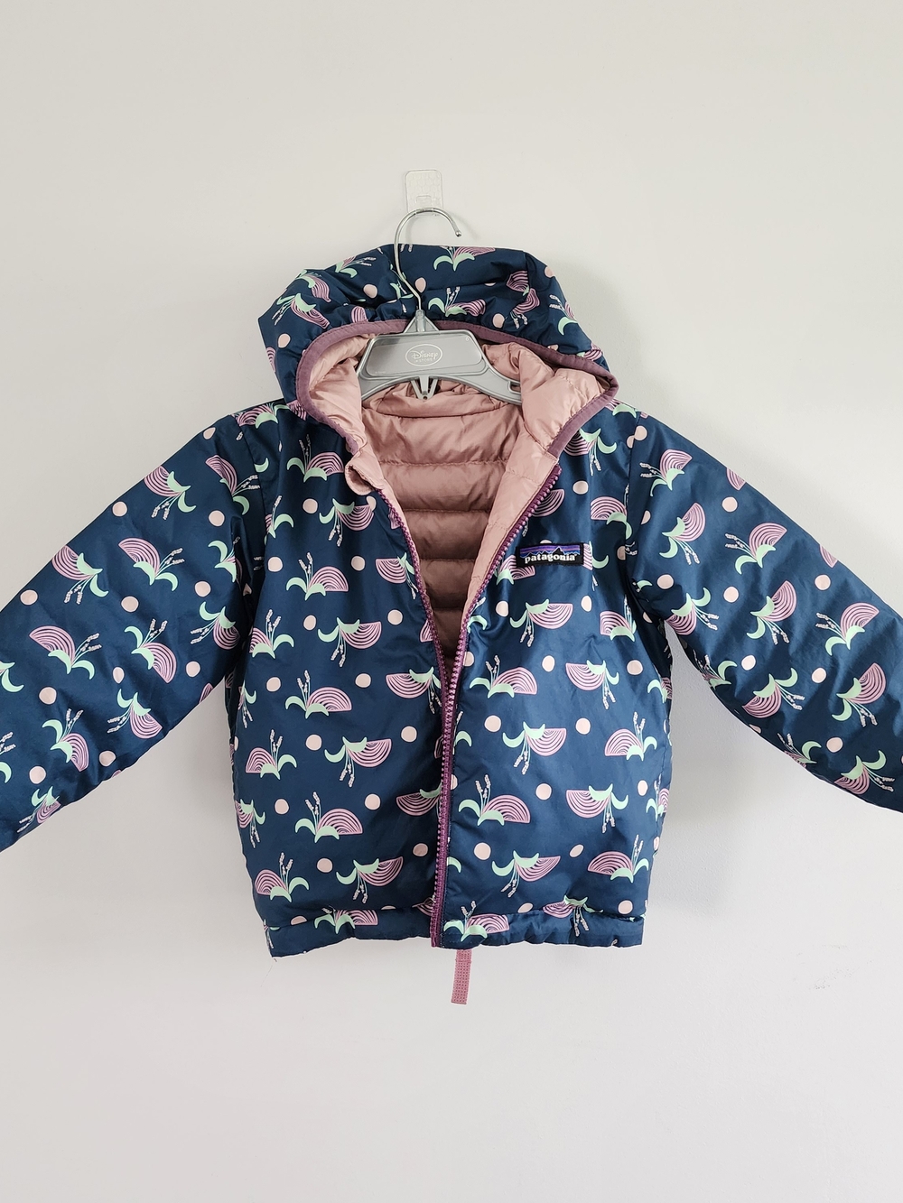 Patagonia Baby Down Sweater Hoody Girls 12M Blue Floral Reversible Coat Outdoor
